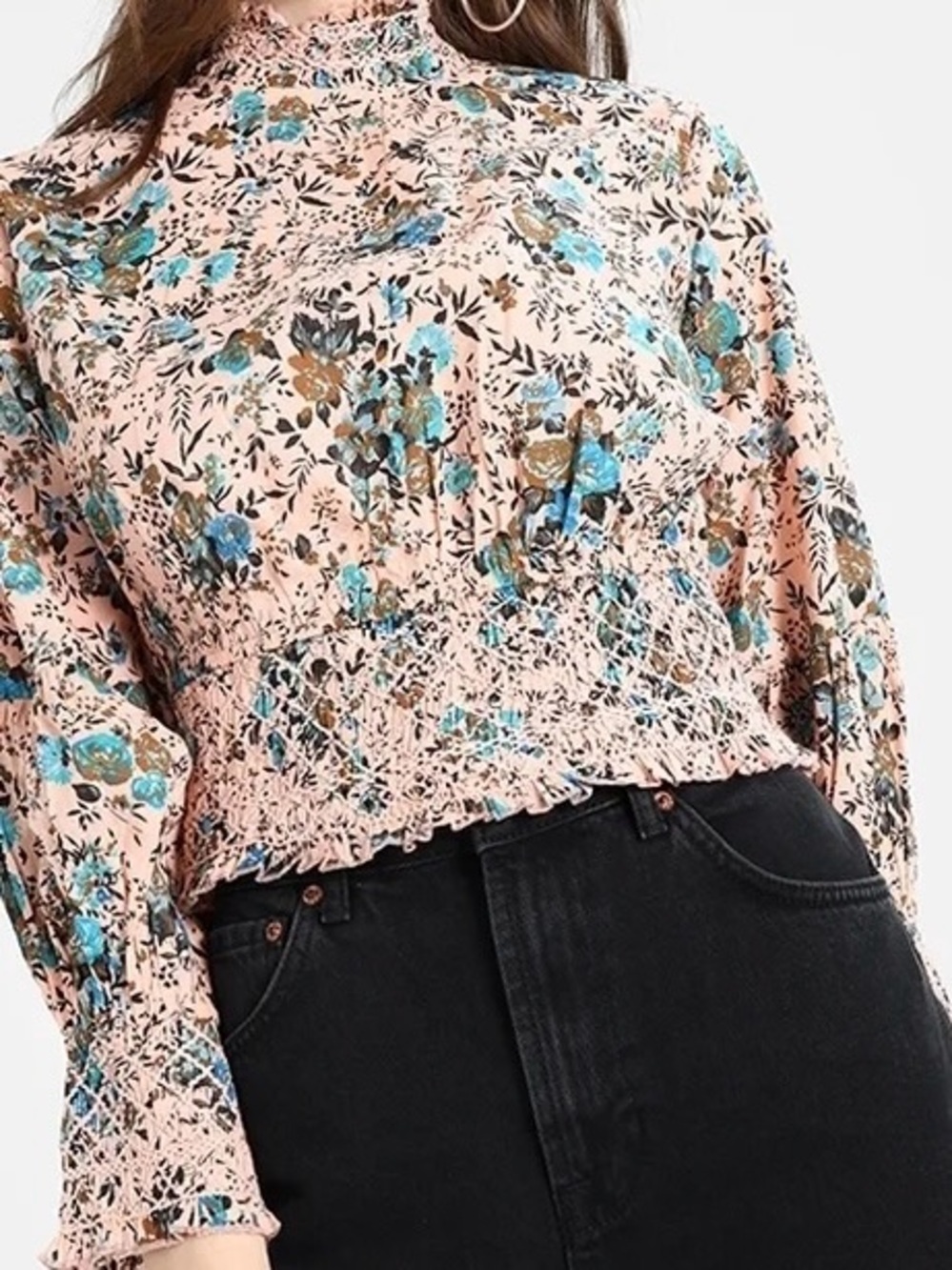 Topshop| Blush Pink & Blue Floral Smocked Victorian Inspired Cotton Blouse Sz 6